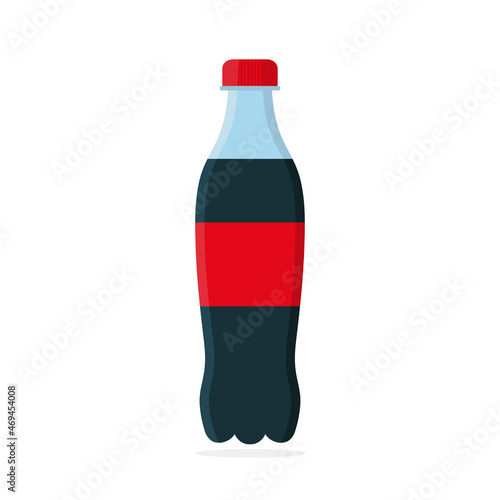 Soda bottle. Plastic bottle with drink. Icon of drink. Red fizzy drink caffeine and sugar. Black cold soft water. Beverage in container with cap. Logo of cool soda isolated on white background. Vector