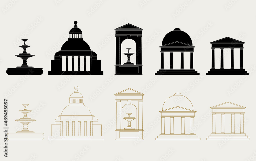 Vector set of hand drawn minimalistic illustration. Creative artwork set  with temple, fountain, portico.  Template for card, poster, banner, print for t-shirt, pin, badge, patch.