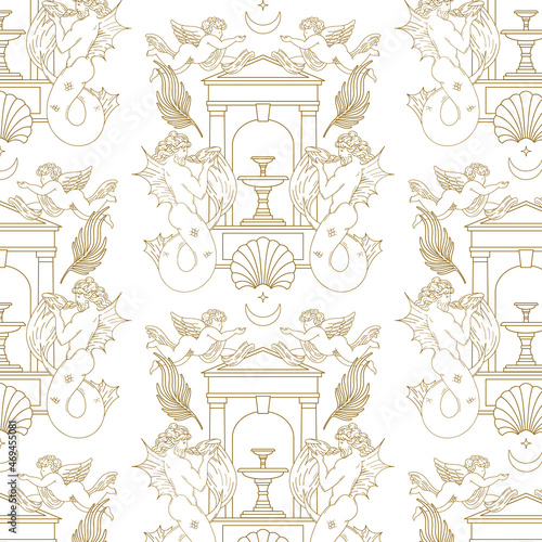 Vector pattern with hand drawn minimalistic illustration. Creative artwork with triton, fountain, cupid, shell.  Template for card, poster, banner, print for t-shirt, pin, badge, patch.