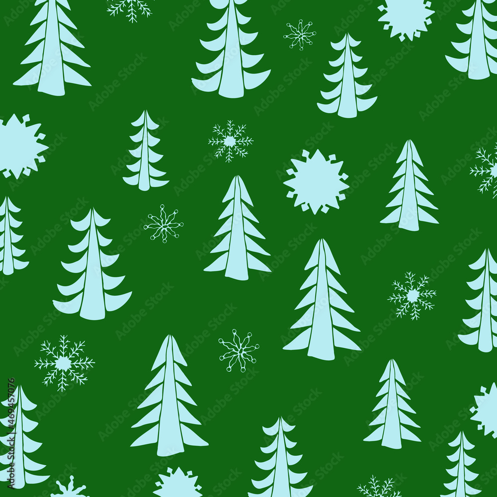 silhouettes of Christmas trees and snowflakes