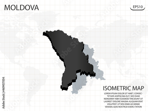 3D Map black of Moldova on world map background .Vector modern isometric concept greeting Card illustration eps 10.