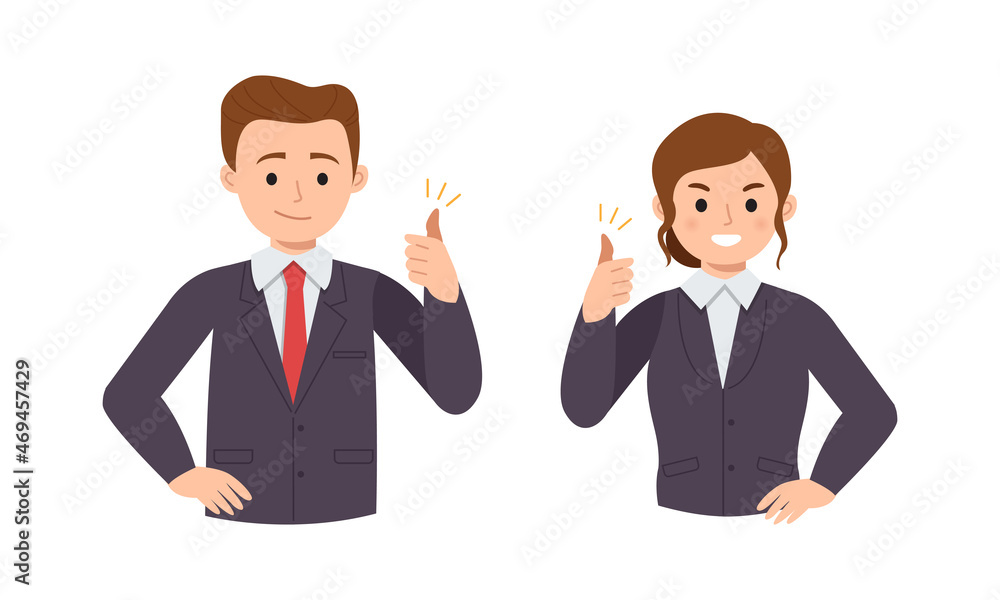 Male and female office worker give thumbs up gesture. Flat vector cartoon design Male and female office worker give thumbs up gesture. Flat vector cartoon design