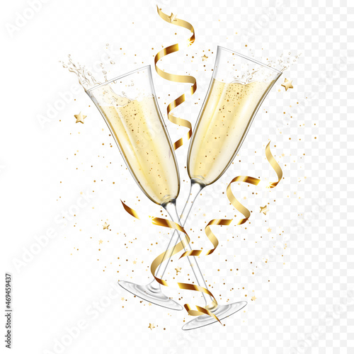 Transparent realistic two glasses of champagne with ribbons and confetti, isolated.	