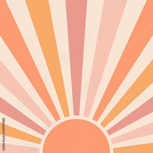 Let the sunshine in retro style illustration with colorful (orange, pink) sun rays on pastel pink background for summer lovers