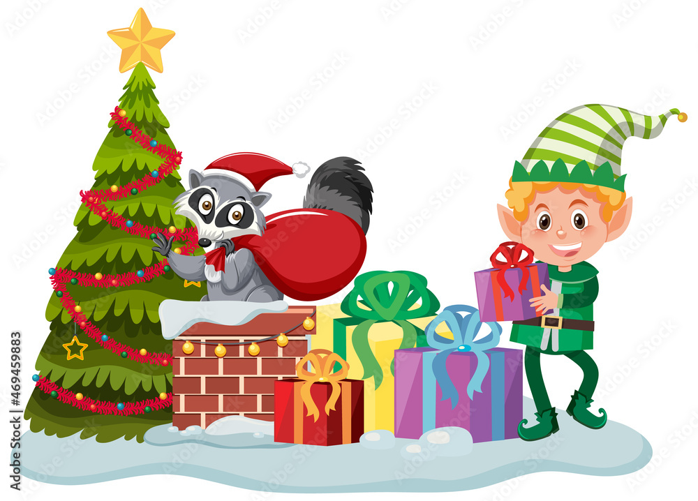 Christmas elf with many present boxes and Christmas tree Christmas elf with many present boxes and Christmas tree