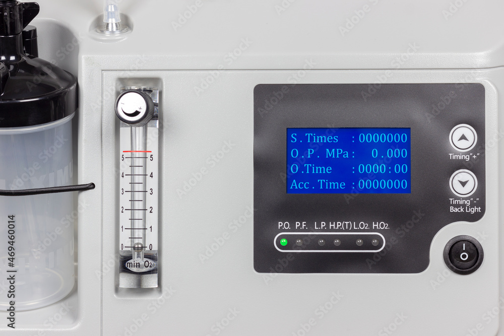 portable oxygen concentrator or oxygen generator, panel and connections close-up
