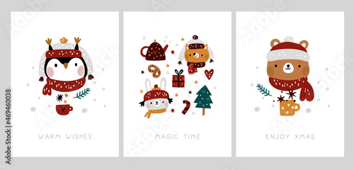 Christmas cards collection with cute baby animals in cartoon style. Xmas holiday prints with festive decoration elements and animals. Vector winter illustration for kids clothing, poster, card, decor