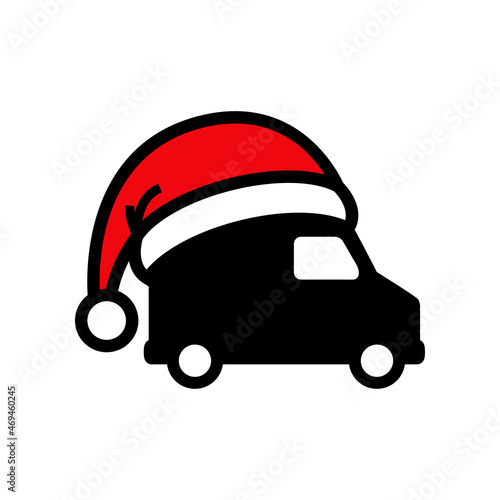 Logotipo lineal con camión con silueta de sombrero de Papá Noel en color rojo y negro, para su uso en invitaciones y tarjetas de felicitación	