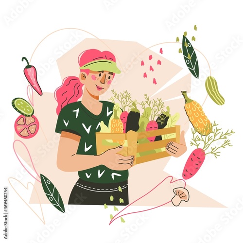 Farmer woman with harvest of fresh  vegetables and fruits. Emblem or logo design, banner or flyer backdrop for farm  fair and street market, flat vector illustration isolated on white background.