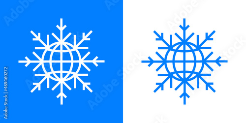 Logotipo copo de nieve con forma de globo terráqueo con líneas en fondo azul y fondo blanco