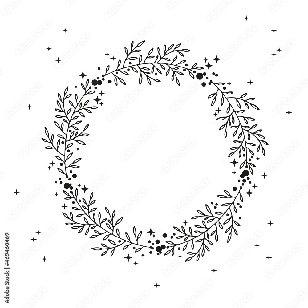 Fototapeta premium Hand sketched floral wreath, rustic cozy decor. Boho botanical design element, vector background template. Decorative frame.