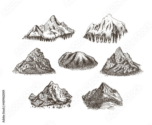 Peaks and hills, vector sketches. Mountain views.