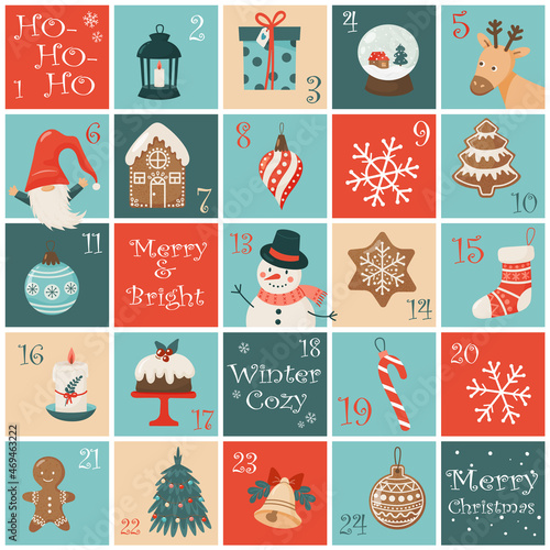 Christmas advent calendar with hand drawn elements. Xmas Poster. Vector illustration