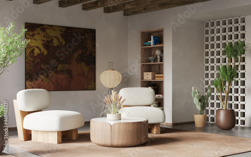 Interior design of modern apartment. Wabisabi style  3d render 