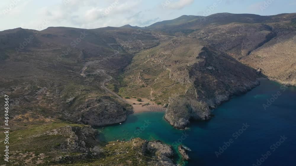 Aerial drone video of beautiful and exotic emerald organised small heart shaped beach of Melidoni, Kythera island, Ionian, Greece Aerial drone video of beautiful and exotic emerald organised small heart shaped beach of Melidoni, Kythera island, Ionian, Greece