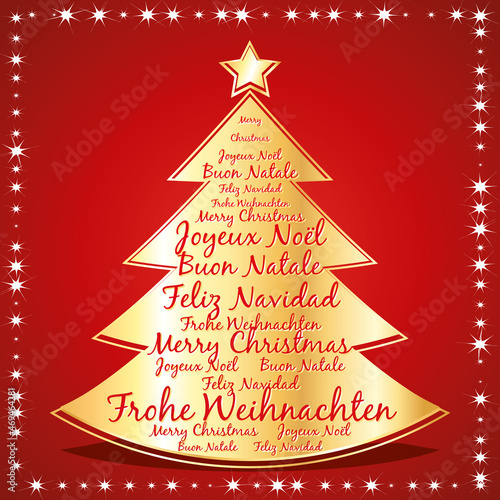 Merry christmas greeting card. All languages. Red and gold vector christmas tree.