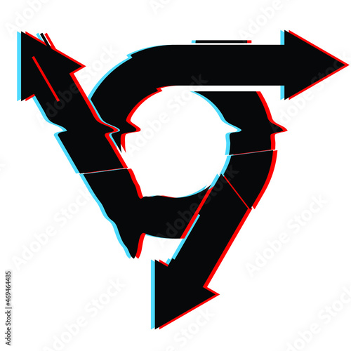 Glitch distorted geometric shape . Minimal art design . Noise destroyed circular arrow logo . Trendy defect error shapes . Glitched frame .Broken effect .vector 