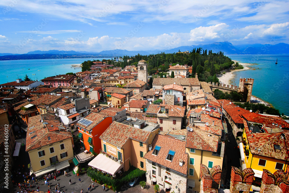 View of Old Town and the headland of Sirmione Lake Garda. Italy, Europe