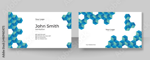 Modern blue 3d cubical isometric cube business card design template. Creative elegant and clean business card template with corporate concept and abstract background. Vector illustration
