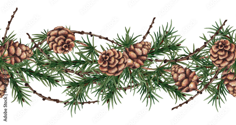 Seamless border of pine branches, twigs and cones. Forest greenery. Winter holiday floral decor. Watercolor hand painted isolated element on white background. Seamless border of pine branches, twigs and cones. Forest greenery. Winter holiday floral decor. Watercolor hand painted isolated element on white background.
