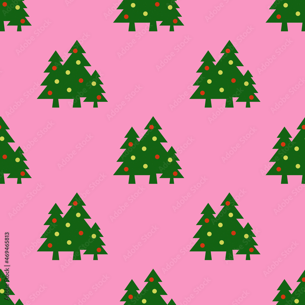 Seamless pattern. Image of green Christmas trees with balls on purple background. Symbol of New Year and Christmas. template for overlaying on surface. 3d image. 3d rendering