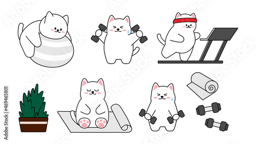 Collection of different cute little cats on a white background. Kawaii set of funny animal characters design in cartoon style. Pet cat. Baby stickers. Vector illustration.