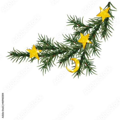 Coniferous pine branch with golden ornaments. Christmas greenery, shining stars and month. Winter holiday decor. Watercolor hand painted isolated element on white background. © Na.Ko.
