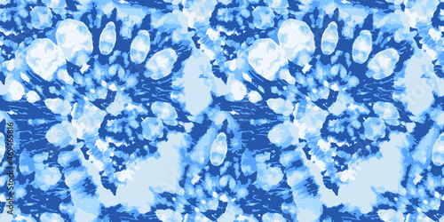 Vector Tie Dye Seamless Pattern. Ethnic Abstract. Floral Bohemian Design. Blue Boho Ornament. Graphic Bohemian Tile. Blue Tie Dye Tile. Watercolor Pattern Print. Bleach Effect.
