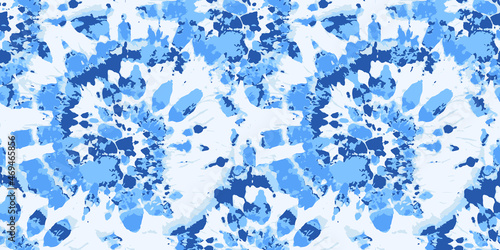 Vector Tie Dye Seamless Pattern. Ethnic Abstract. Bohemian Geo Ornament. Blue Tonal Pattern. Creative Textile Print. Blue Tie Dye Batik. Watercolor Bohemian Tile. Bleach Dye.