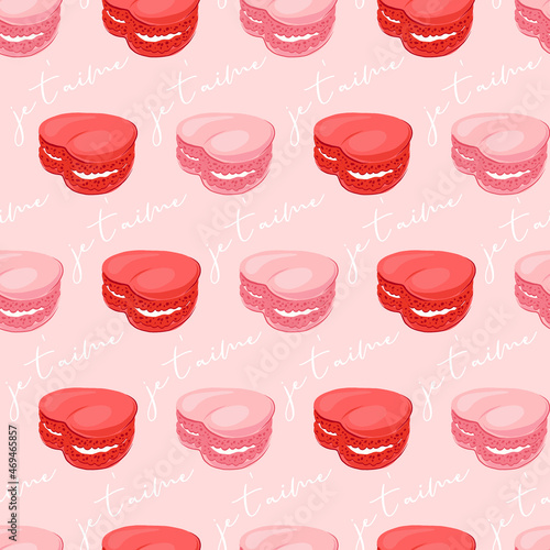 Macaron vector seamless pattern. Romantic bakery treats surface design. Valentines day desserts background.