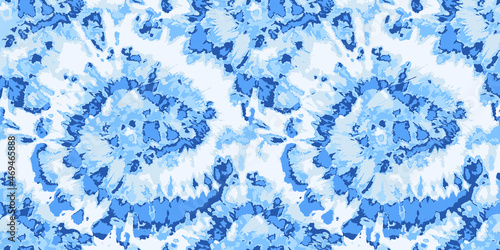 Vector Seamless Tie and Dye Texture. Ethnic Abstract. Floral Psychedelic Prints. Blue Tonal Ornament. Creative Background. Blue Tie Dye Rug. Watercolor Texture. Bleach Effect.