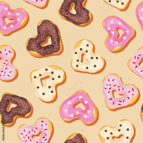 Donut vector seamless pattern. Romantic bakery treats surface design. Valentines day desserts background.