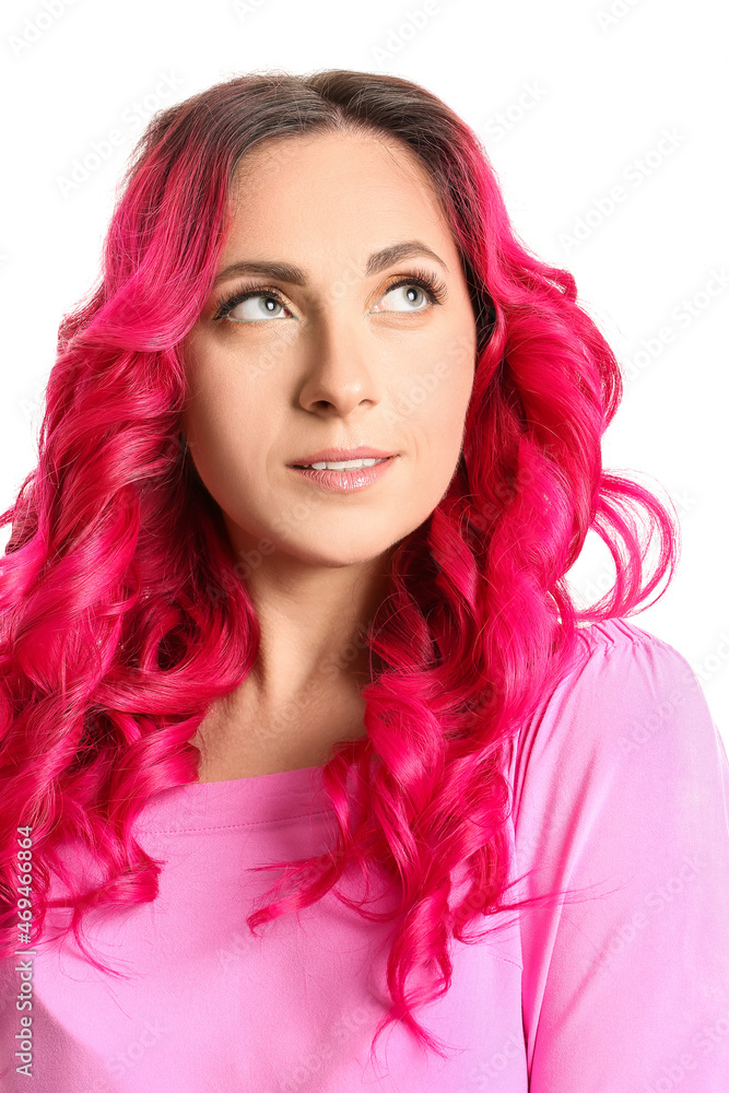 Beautiful woman with unusual bright hair color on white background Beautiful woman with unusual bright hair color on white background