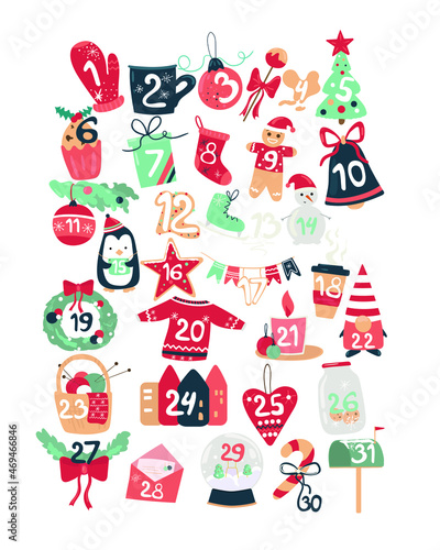 Fototapeta Naklejka Na Ścianę i Meble -  New year advent calendar. Items can be used as individual stickers or logos.