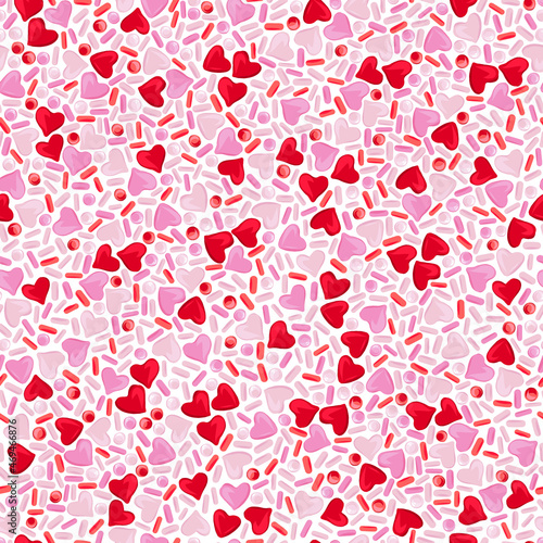 Sugar candy dessert sprinkles vector seamless pattern. Confectionery romantic treats surface design. Valentines day sweets background.