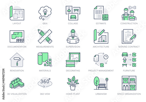 Interior design line icons. Vector illustration include icon - architecture, blueprint, project calculation, documentation outline pictogram for home decoration. Editable stroke, Green color