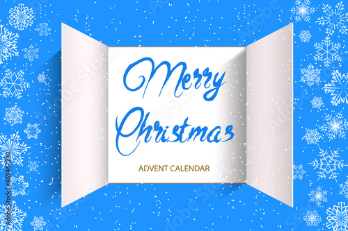 Christmas advent calendar door opening. Realistic an open wide doors with lettering on light blue background. Template to reveal a message. Merry Christmas poster concept. Festive vector illustration