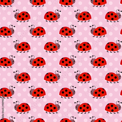 Pink seamless pattern with cute ladybird 