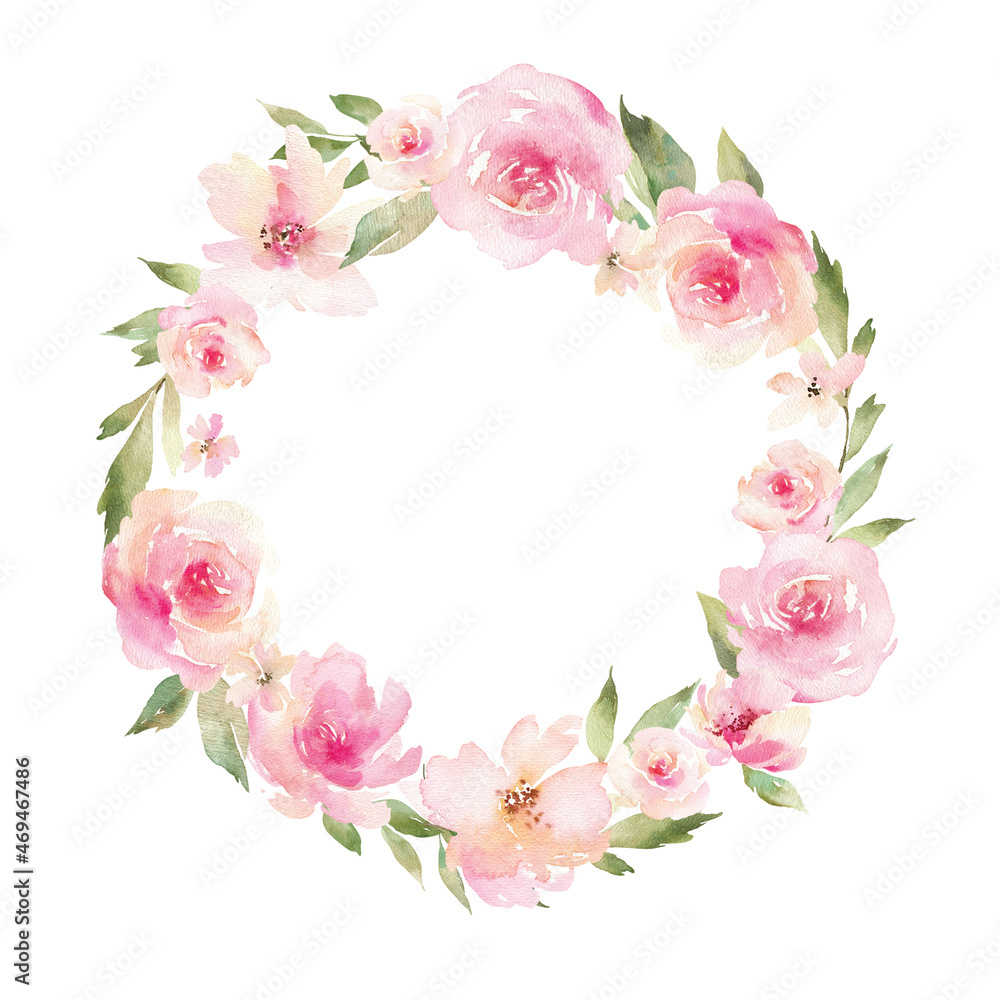 A graceful round frame decorated with watercolor flowers and leaves. Festive composition for a greeting card or your design.