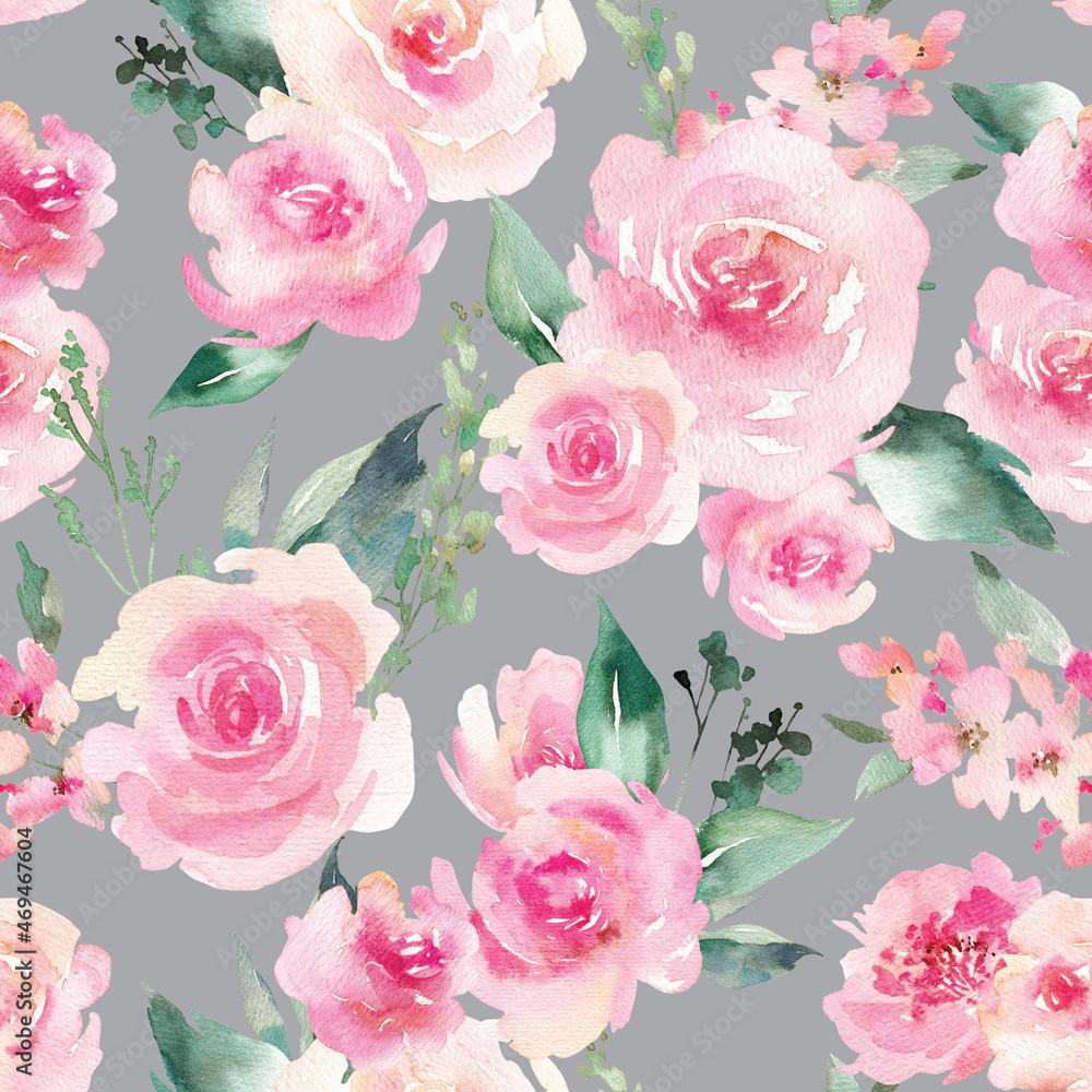 Watercolor seamless pattern with pink flowers roses. Repeating background with floral and leaves elements isolated on gray background. Garden style texture for wrapping paper or textiles