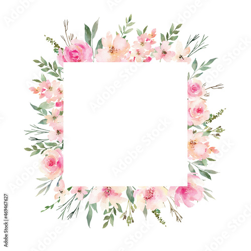 Watercolor frame decorated with flowers and leaves. Festive composition for greeting card, wedding invitation or your design.