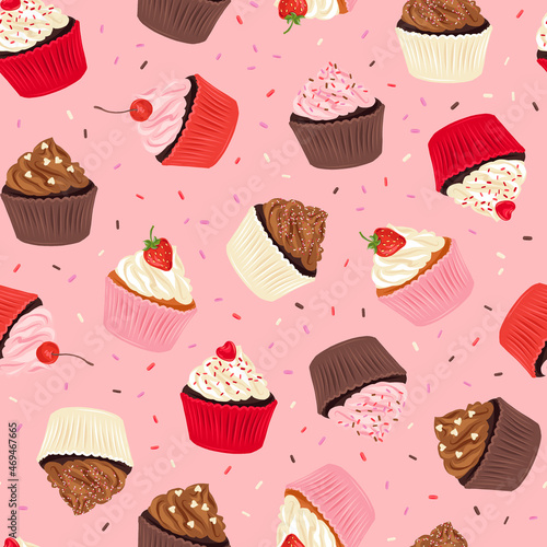 Cupcake Sprinkles Cherry Strawberry vector seamless pattern. Romantic bakery treats surface design. Valentines day desserts background.