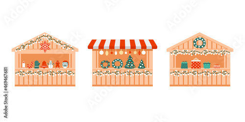 Outdoor Christmas fair, holiday market with gift, exterior shop in small house. Wooden kiosks with commerce retail on xmas and new year. Vector flat illustration
