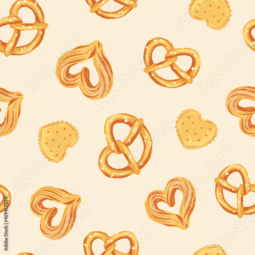Cookie biscuit pretzel vector seamless pattern. Romantic bakery treats surface design. Valentines day desserts background.