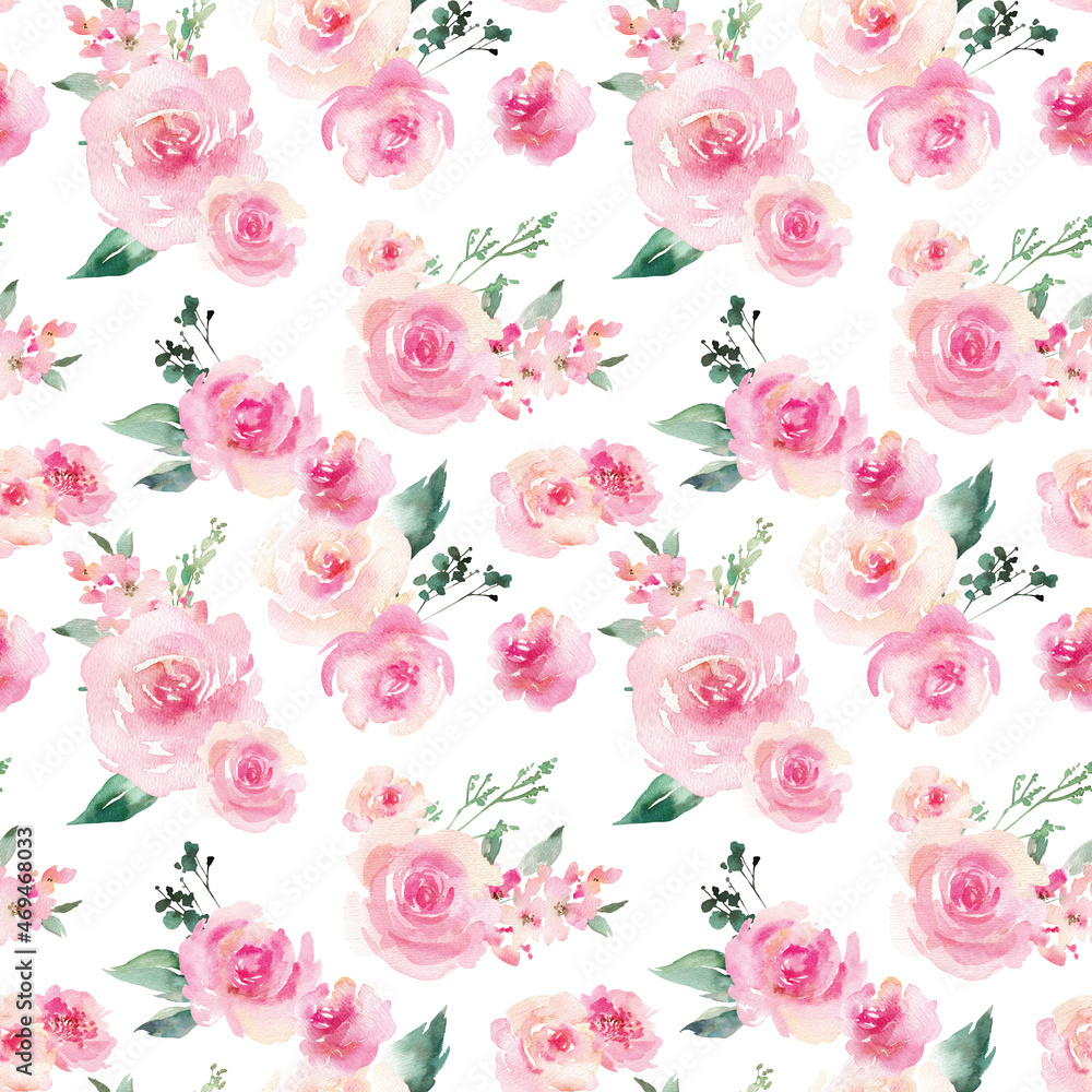 Watercolor seamless pattern with pink flowers. Garden style texture for wrapping paper or textiles