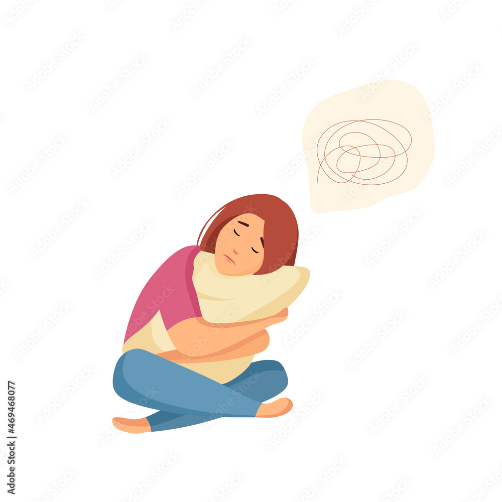 Sad girl sitting on the floor with confused thoughts and hugging a pillow. Depressive person with memory problems. Concept of mental disorder or illness. Vector cartoon illustration. Sad girl sitting on the floor with confused thoughts and hugging a pillow. Depressive person with memory problems. Concept of mental disorder or illness. Vector cartoon illustration.