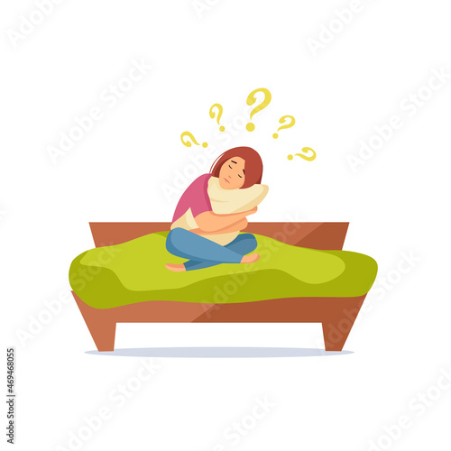 Sad girl sitting on the bed and hugging a pillow. A depressed person with a lot of questions. Concept of mental disorder or illness. Vector cartoon illustration.