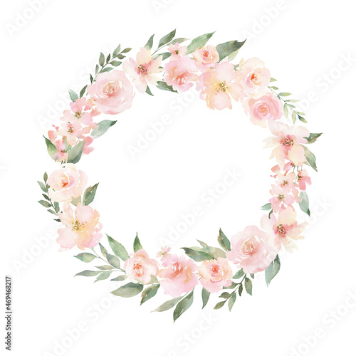Watercolor flowers and leaves collected in a wreath. Composition for your design, romantic watercolor frame.