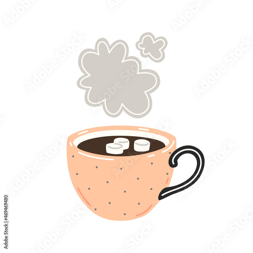 Hot chocolate with marshmallows in pink cup. Vector flat illustration