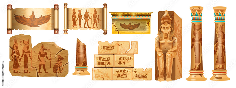 Egypt ancient stone ruin set, vector old pyramid pharaoh sculpture ...